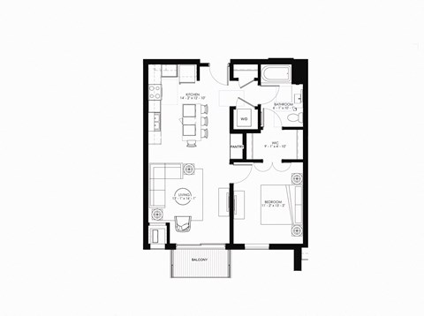 Floor plan for 1 bed, 1 bath, 776 sqft